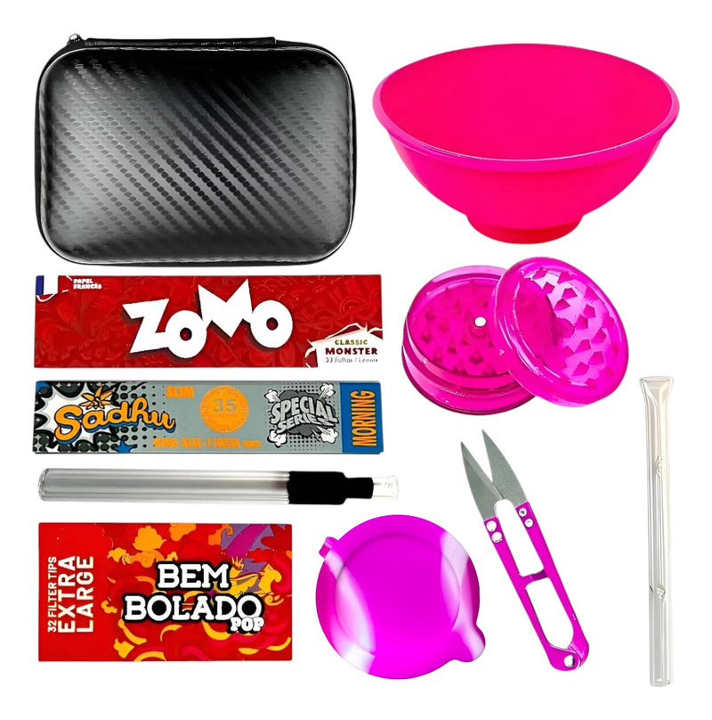 Kit Case Dichavador Slick Cuia Seda De Vidro Tesoura Piteira