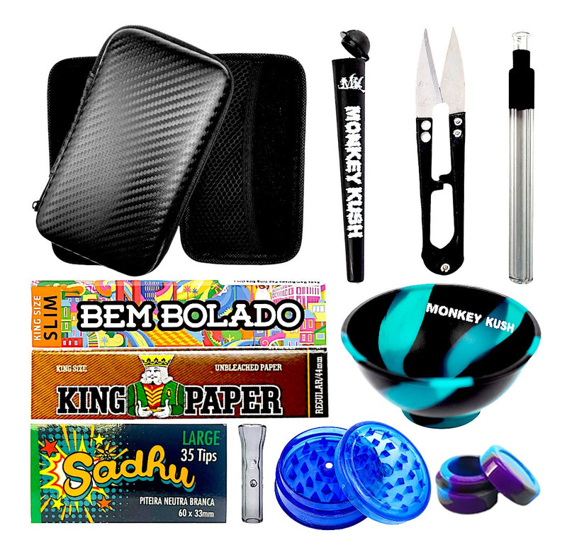 Kit Fumo Case Seda Dichavador Cuia Tubete Mocó Tesoura Slick