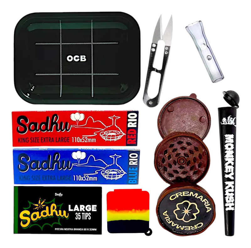 Kit Bandeja Dichavador Seda Tesoura Porta Cigarros Piteira
