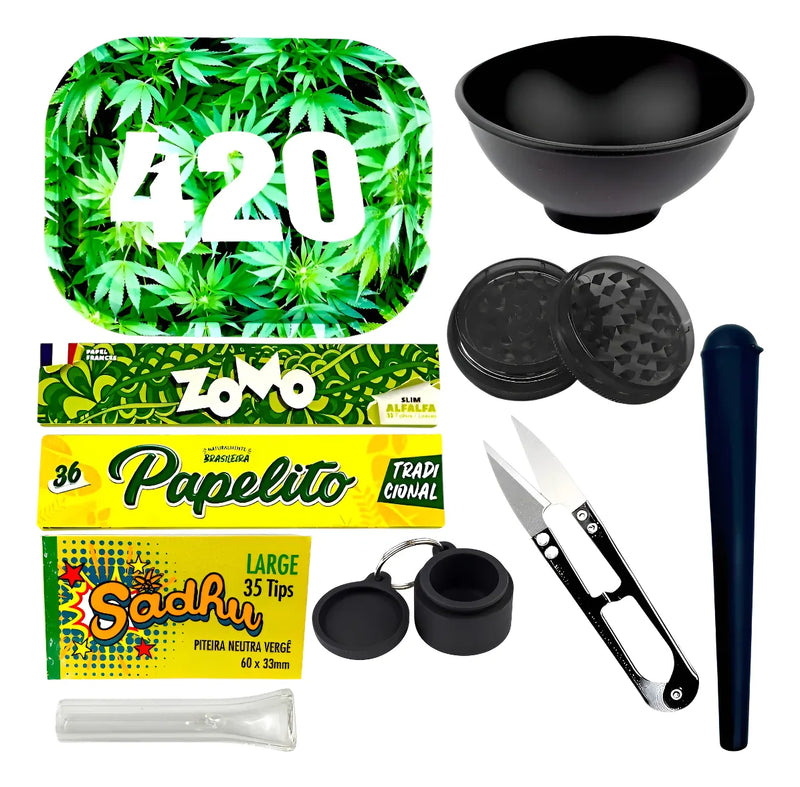 Kit Bandeja Fumo Seda De Vidro Tubete Cuia Piteira Tesoura