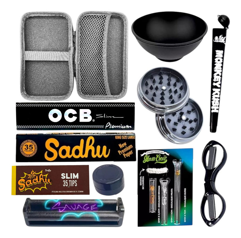 Kit Fumo Dichavador Seda Slick Piteira De Vidro Case Cuia