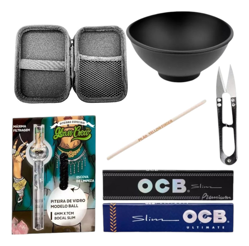 Kit Fumo Case Proteção Piteira De Vidro Sedas Cuias + Pilão