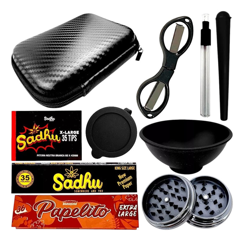 Kit Fumo Case Seda Dichavador Tesoura Tubete Cuia Piteira