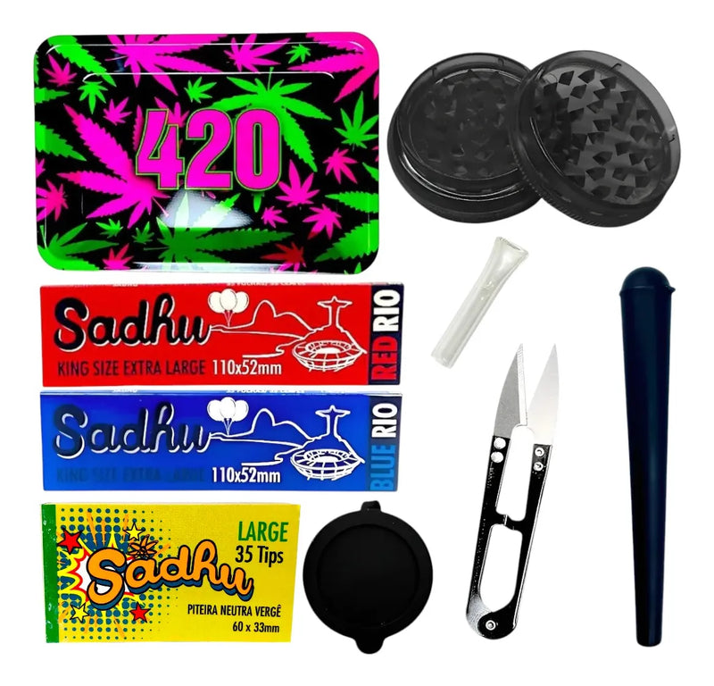 Kit Bandeja Dichavador Seda Tesoura Porta Cigarros Piteira