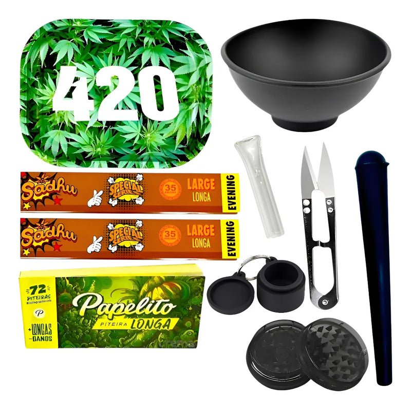 Kit Fumo Bandeja Piteira Seda Tubete Tesoura Cuia Dichavador