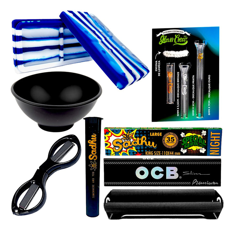 Kit Fumo Bandeja Slick Bolador Piteira De Vidro Seda Cuia