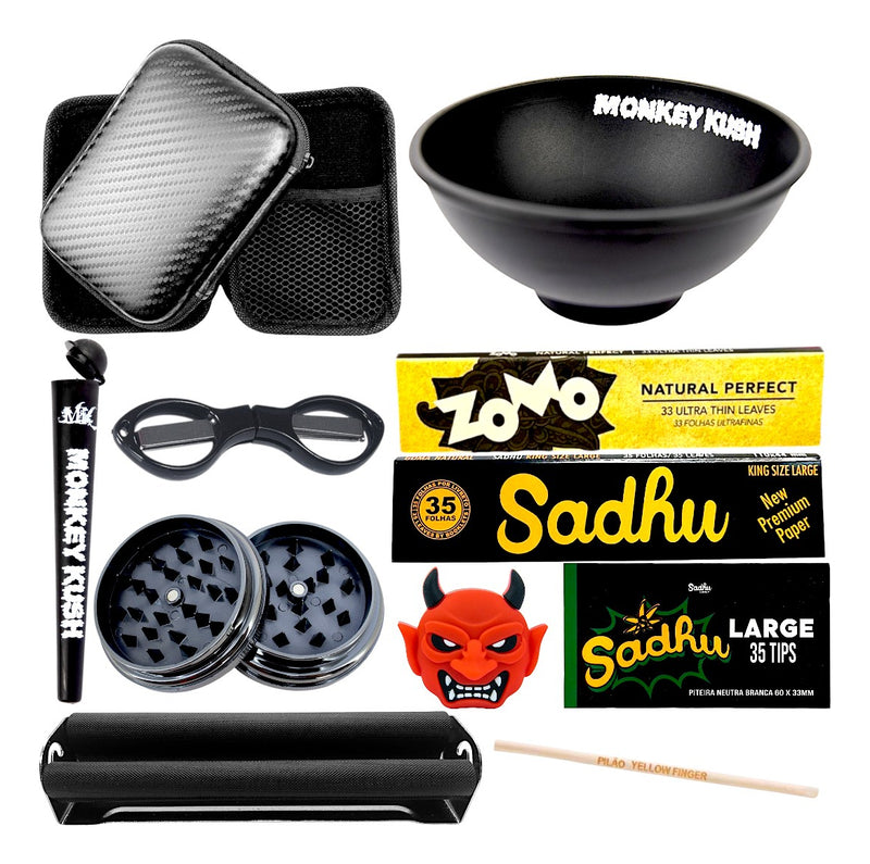 Kit Fumo Case Seda Cuia Piteira Bolador Moedor Mocó + Pilão