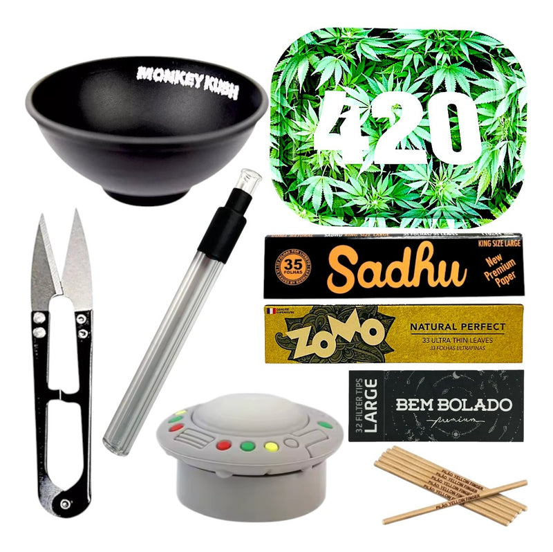Kit Bandeja Fumo Seda De Vidro Tubete Cuia Piteira Tesoura