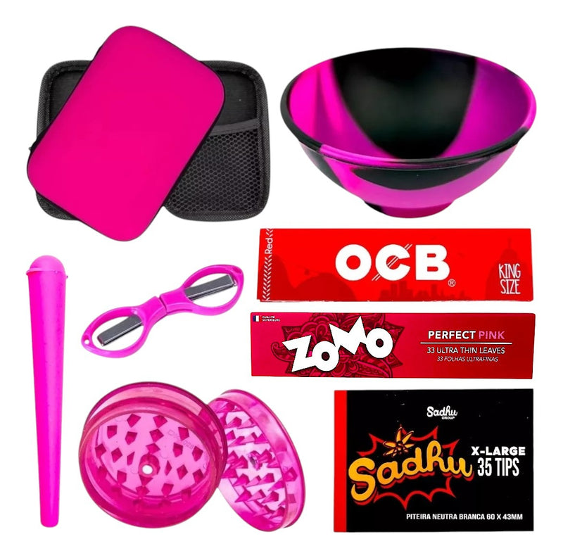 Kit Fumo Case Rosa Seda Piteira Dichavador Cuia Tubo Mocó