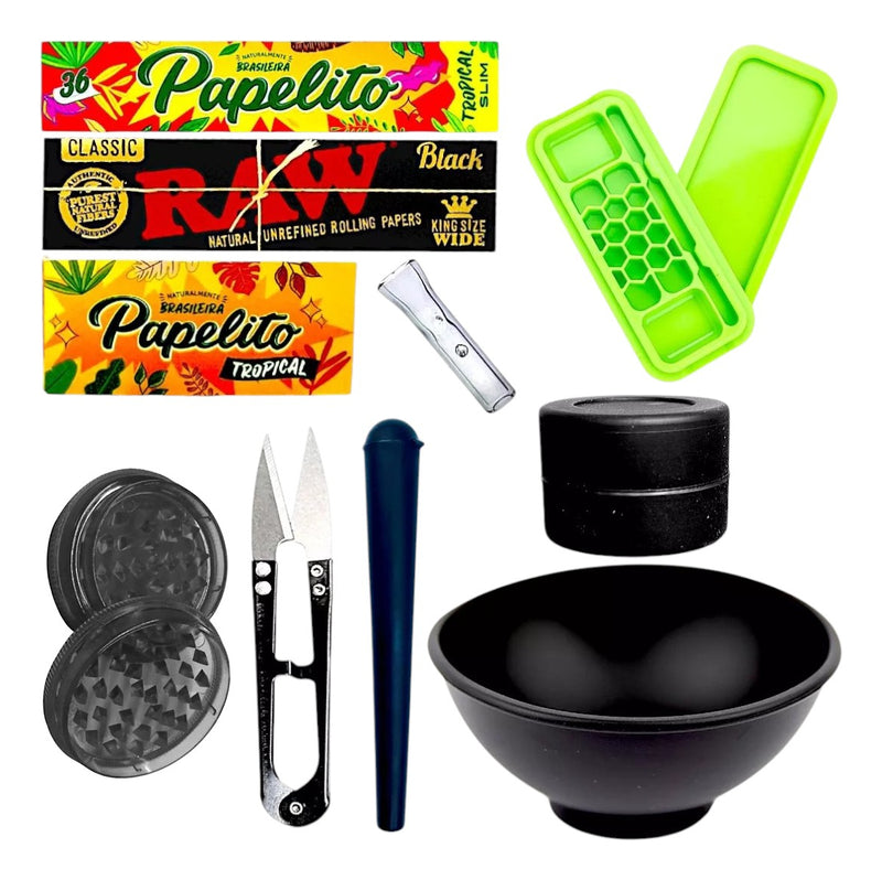 Kit Fumo Dichavador Slick Porta Cigarros Tesoura Seda Raw