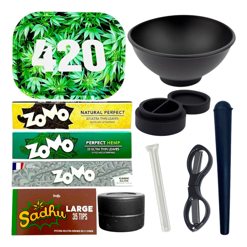 Kit Bandeja Seda Piteira Cuia Seda De Vidro Slick Tesoura