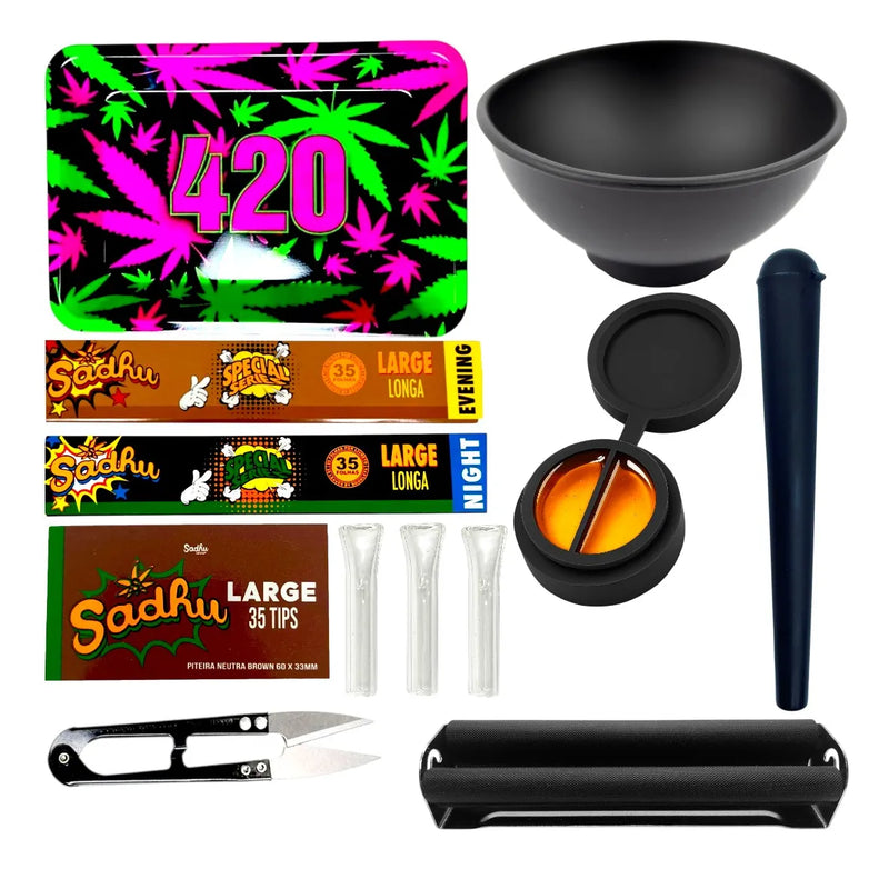 Kit Bandeja Fumo Seda Longa Piteira Slick Cuia Pit De Vidro