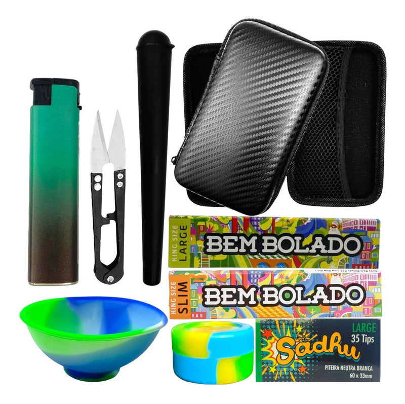 Kit Case Isqueiro Slick Porta Cigarros Tesoura Seda Cuia