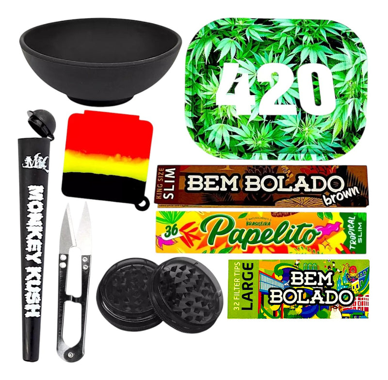Kit Bandeja Slick Porta Cigarros Tesoura Seda Cuia Silicone