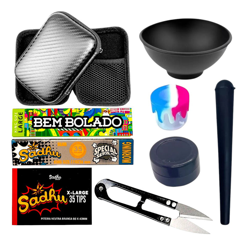 Kit Fumo Case Seda Piteira Slick Vidro Tubete Cuia