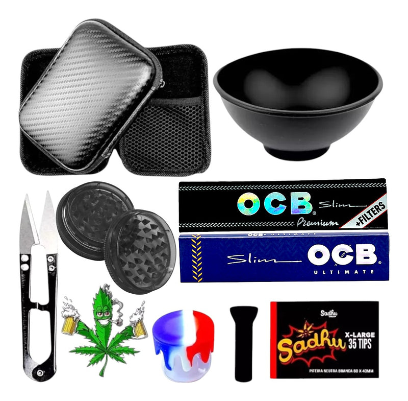 Kit Case Seda Ocb Porta Cigarros Cuia Piteira Slick Vidro