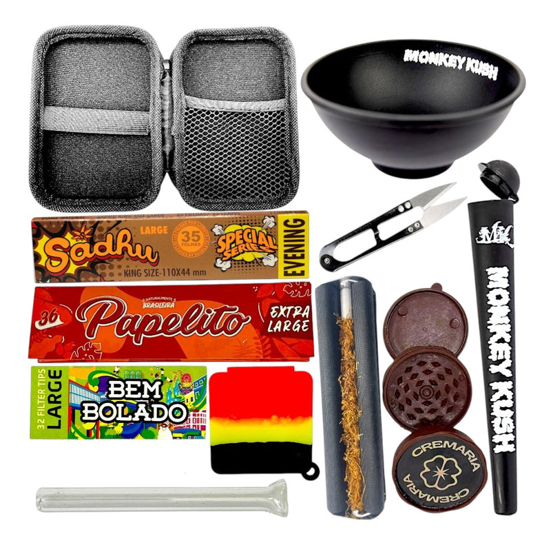 Kit Fumo Case Seda Piteira De Vidro Bolador Dichavador Mocó