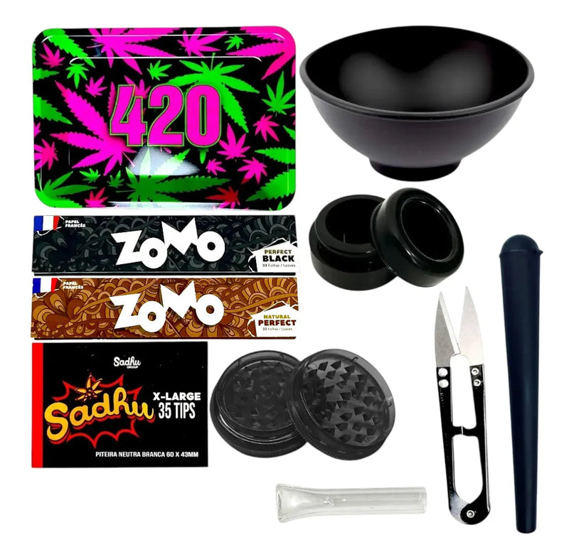Kit Fumo Bandeja Seda Slick Dichavador Tesoura Cuia Piteira