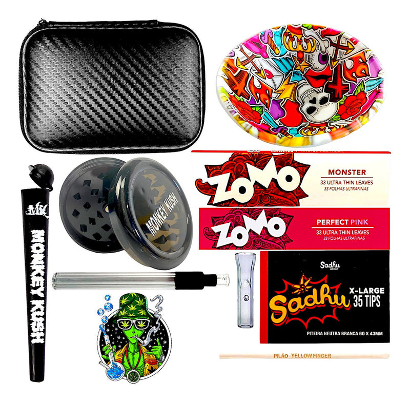 Kit Case Fumo Seda Piteira Dichavador Tubete + Seda De Vidro