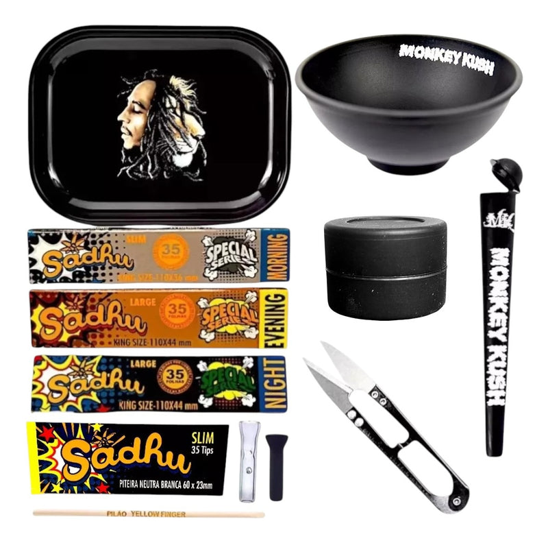 Kit Tabacaria Seda Bandeja Tesoura Cuia Piteira Vidro Slick