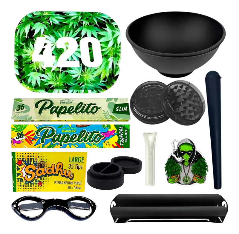 Kit Fumo Bandeja Sedas Piteira Cuia Bolador Dichavador Mocó