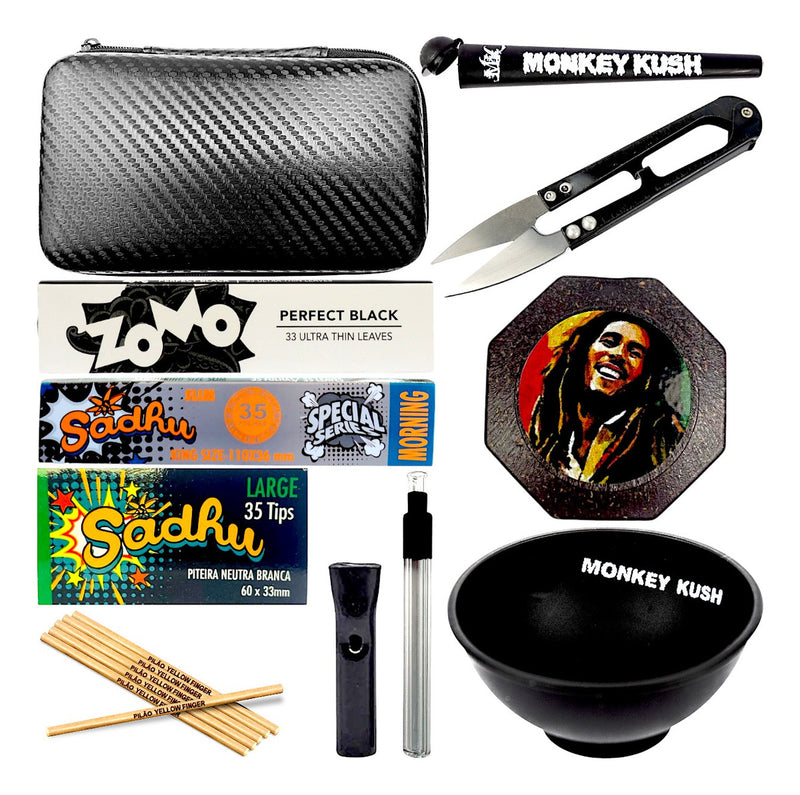 Kit Fumo Seda Cuia Dichavador Tubete Piteira Tesoura + Pilão