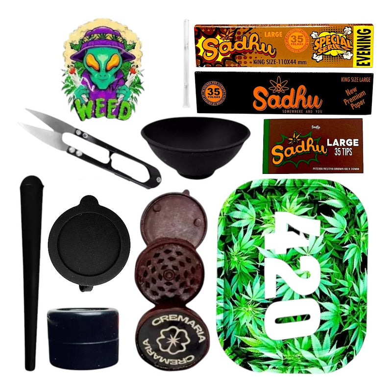 Kit Fumo Bandeja Dichavador Seda Piteira Cuia Tesoura Brinde