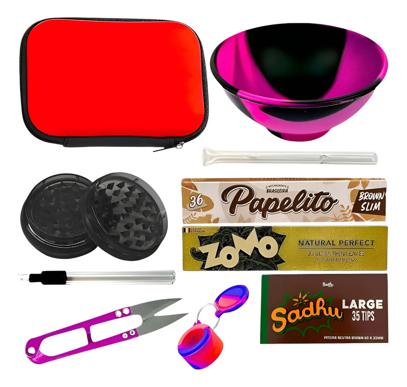 Kit Case Fumo Dichavador Seda De Vidro Tesoura Cuia Piteira