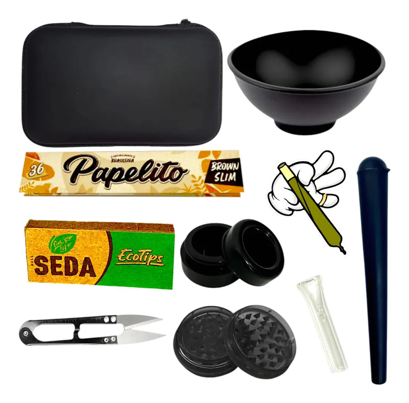 Kit Fumo Seda Dichavador Tubete Tesoura Cuia Adesivo Piteira