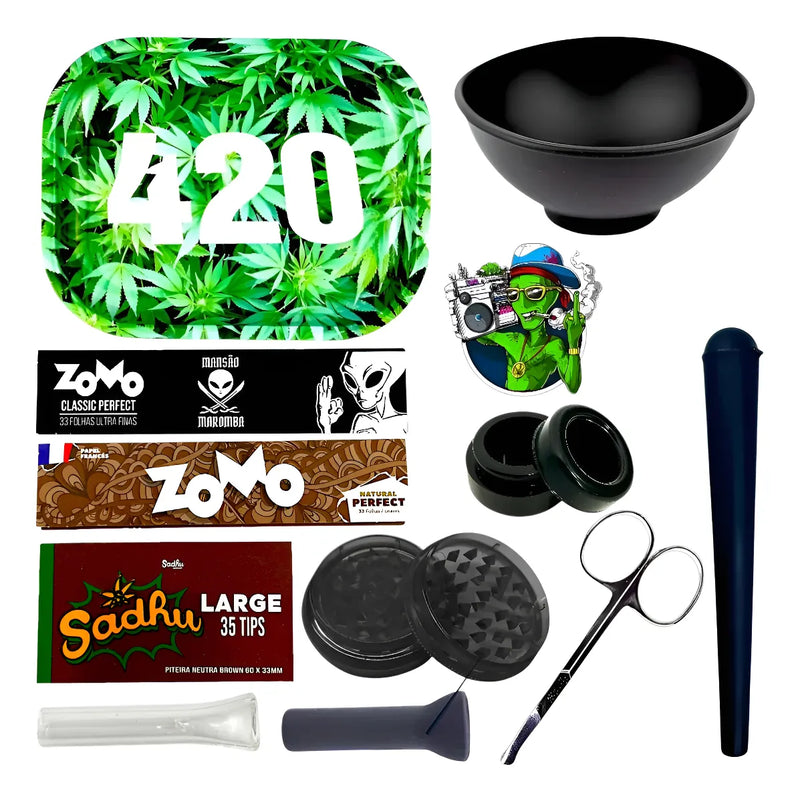 Kit Fumo Bandeja Dichavador Seda Piteira Cuia Tesoura Brinde